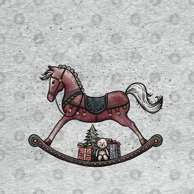 Christmas Rocking Horse illustration with cute bear, gifts and Christmas tree on a snow background. by ChrisiMM